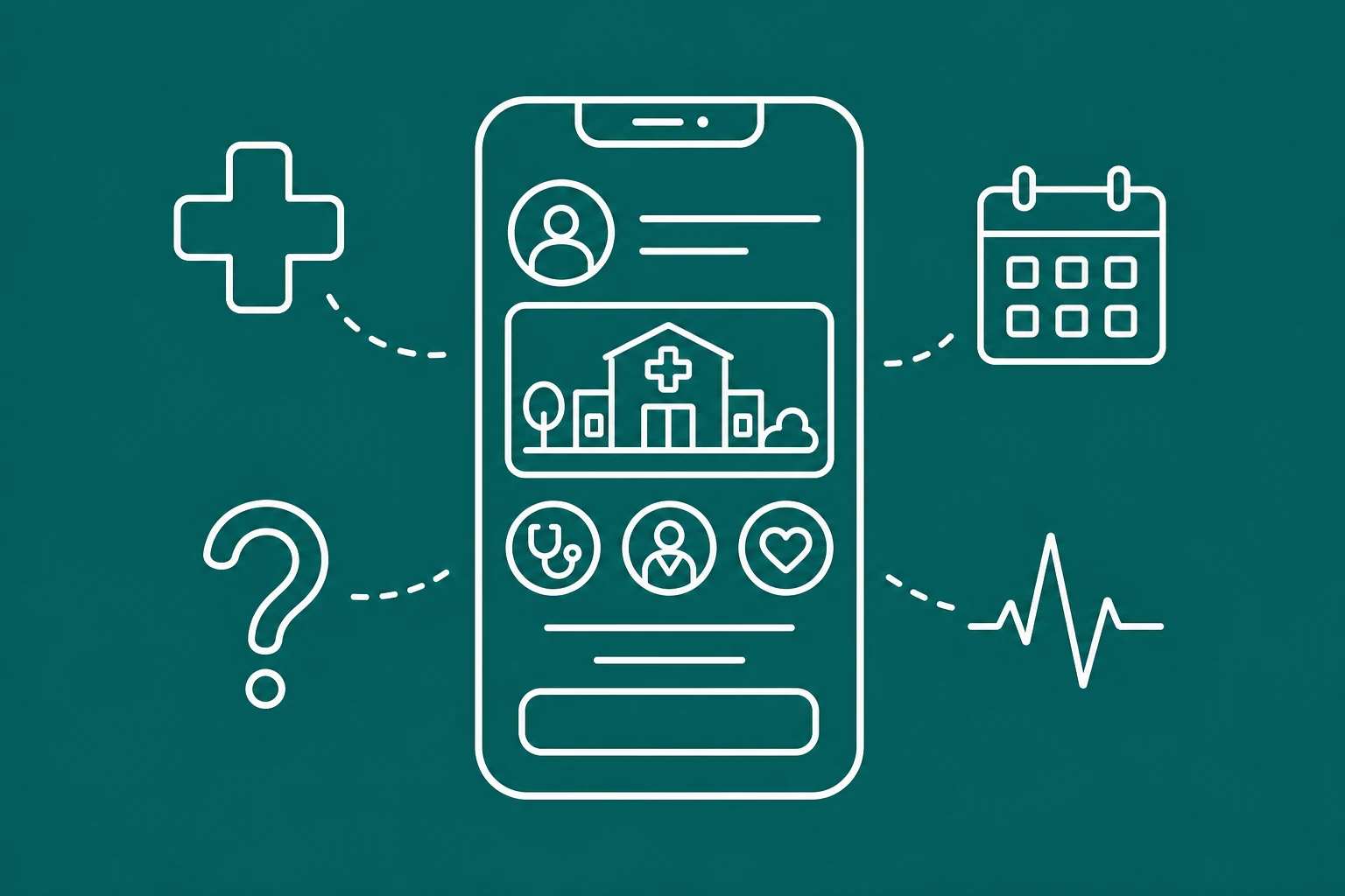Minimal line illustration of a patient phone screen opening a clinic website with anxiety and care icons around it. Minimal line illustration of a patient phone screen opening a clinic website with anxiety and care icons around it.