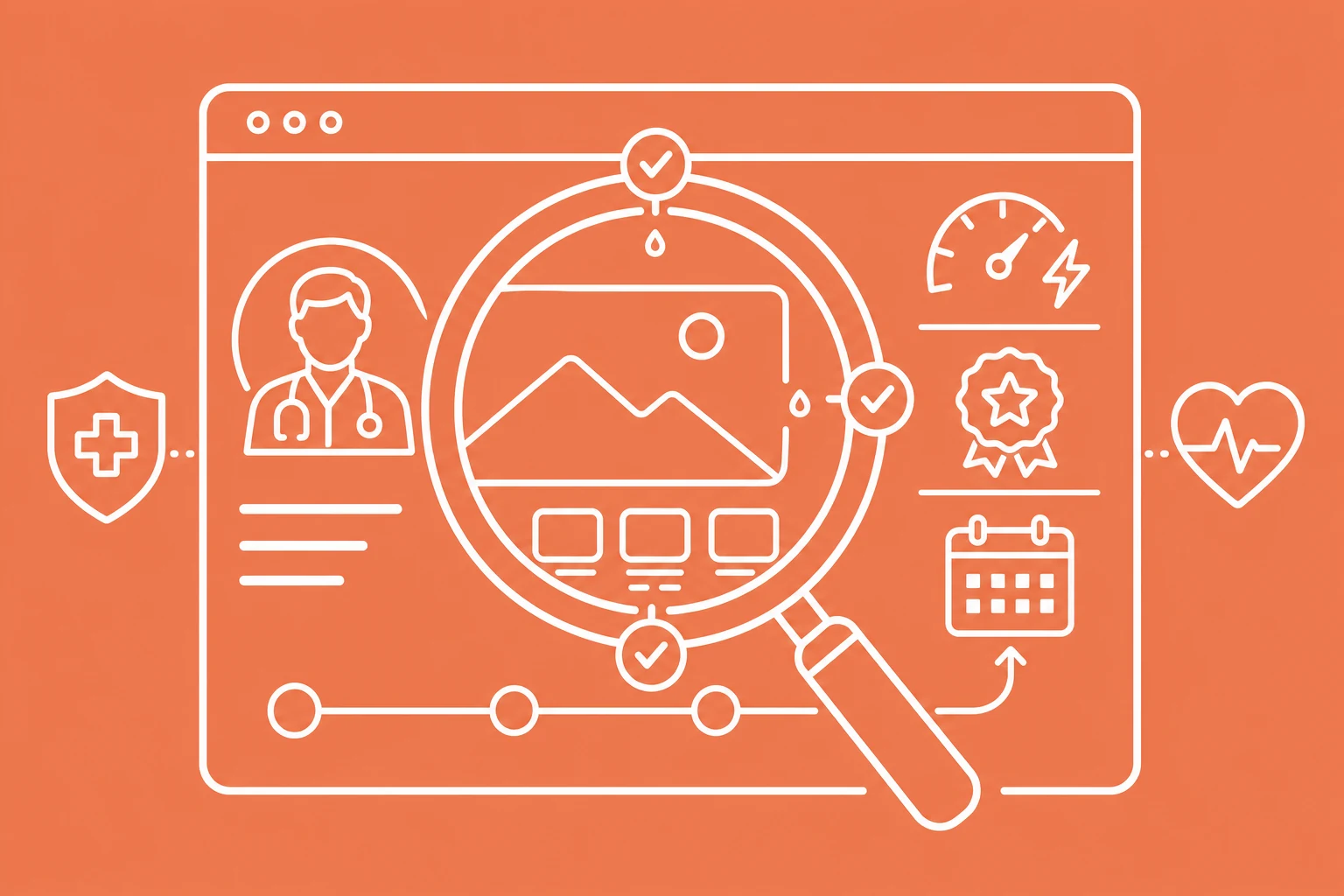 Minimal line illustration of a clinic website audit finding and sealing trust leaks. Minimal line illustration of a clinic website audit finding and sealing trust leaks.