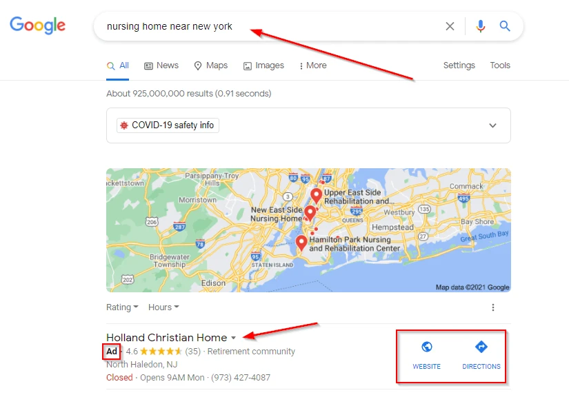 Pay Per Click example for nursing homes